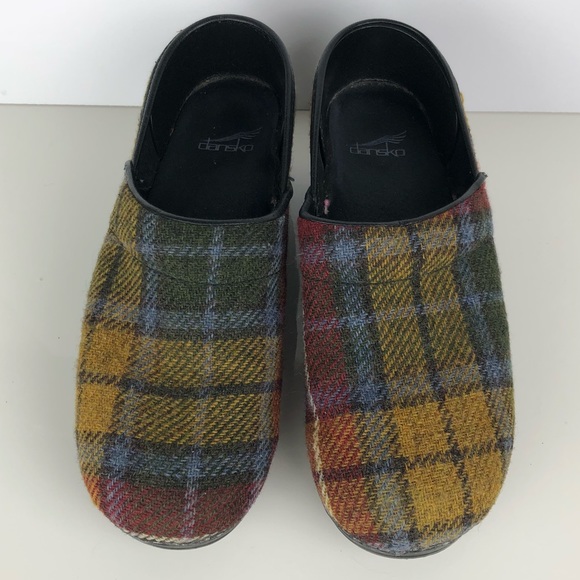 dansko plaid clogs
